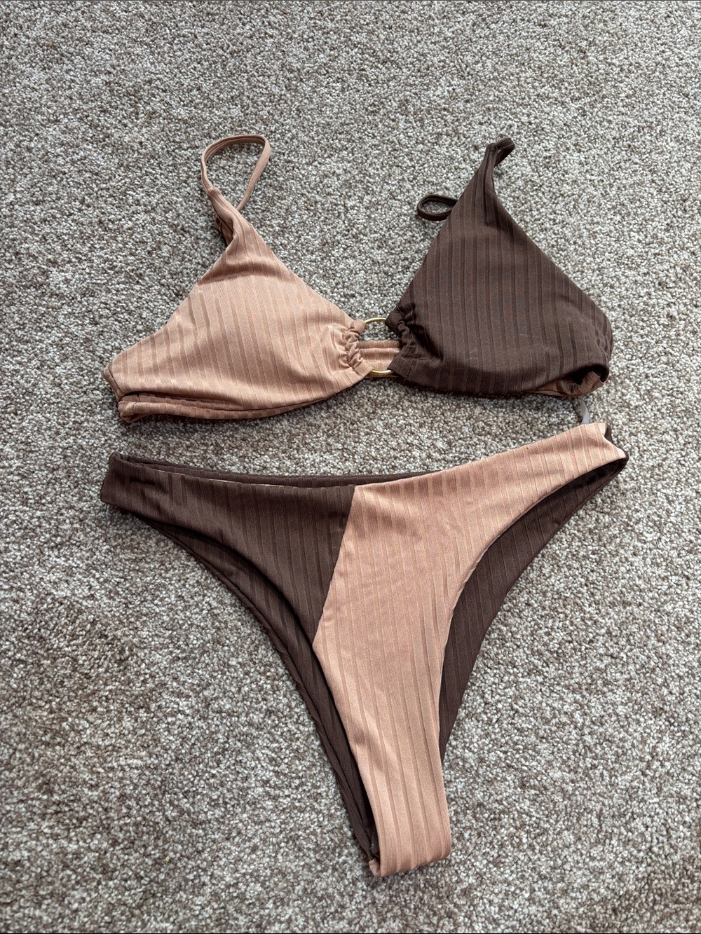 Colorblock Ribbed Brown & Tan Triangle Bikini Set - Women Swim